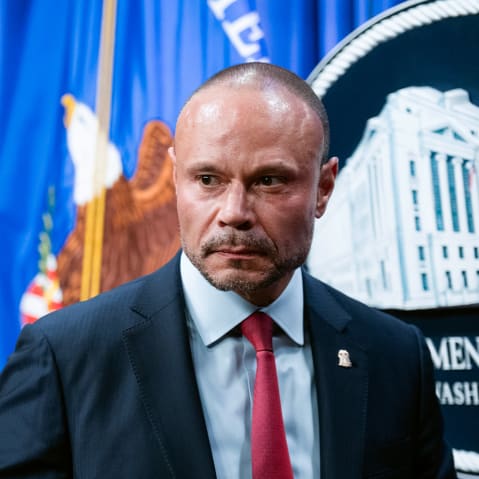 FBI Director Kash Patel, left, and Deputy Director of the FBI Dan Bongino conduct a news conference at the Department of Justice.