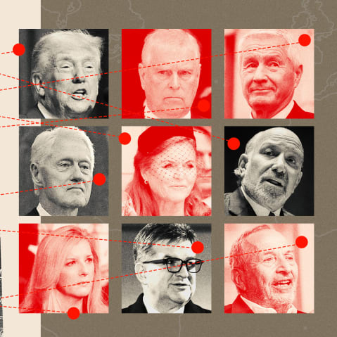 Photo of Jeffrey Epstein connected to photos of President Donald Trump, Andrew Mountbatten-Windsor, Thorbjorn Jagland, Bill Clinton, Sarah Ferguson, Howard Lutnick, Kathy Ruemmler, Miroslav Lajcak and Larry Summers.