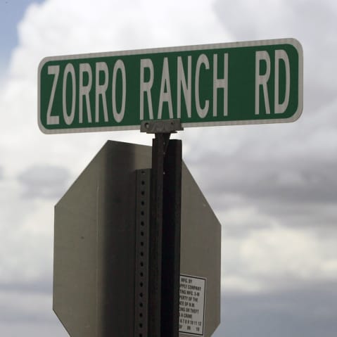 Street sign identifies Zorro Ranch Road in Santa Fe, New Mexico.