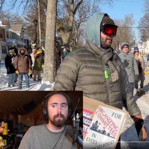Zack Hoyt in a box in the bottom left corner by a podcasting microphone. The rest of the screen shows protesters gathered on a snowy street.