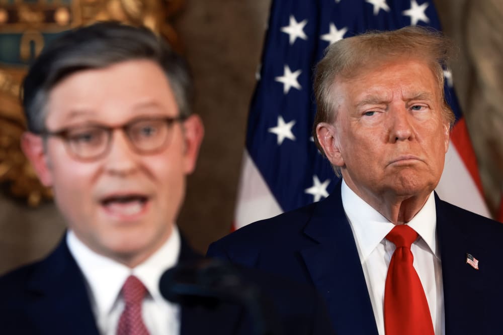 President Donald Trump and Speaker of the House Mike Johnson during a press conference on April 12, 2024, in Palm Beach, FL.