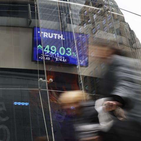 Trump Media stock market trading information seen on a television at the Nasdaq Marketplace on March 26, 2024 in NYC.