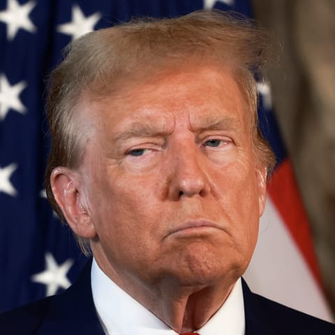 President Donald Trump and Speaker of the House Mike Johnson during a press conference on April 12, 2024, in Palm Beach, FL.