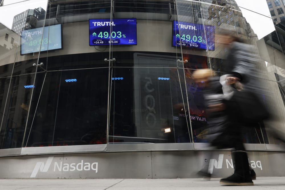 Trump Media stock market trading information seen on a television at the Nasdaq Marketplace on March 26, 2024 in NYC.