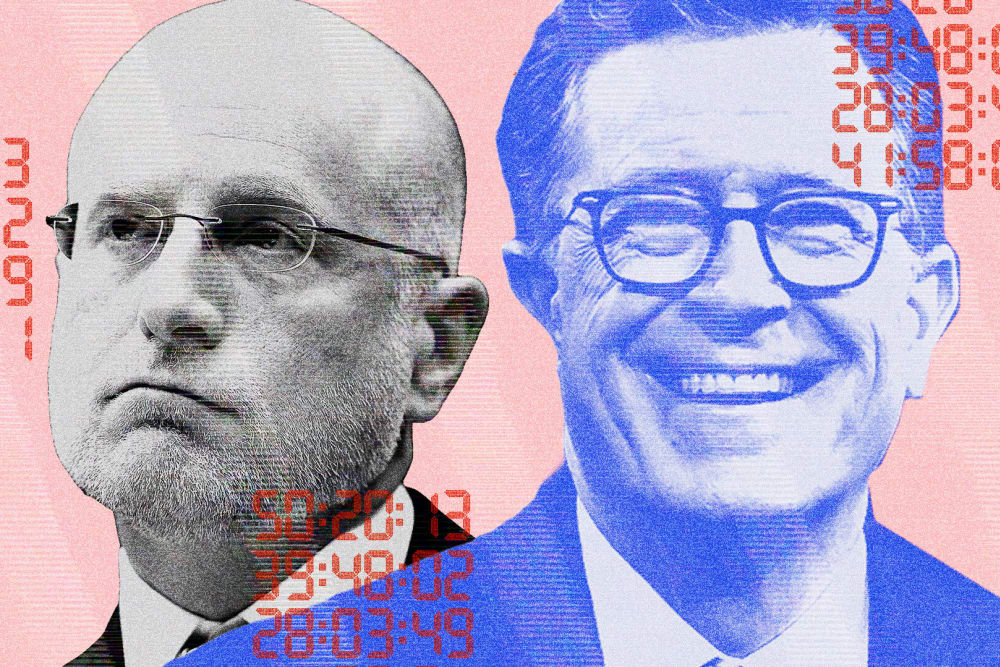A photo illustration of Brendan Carr, left, and Stephen Colbert.