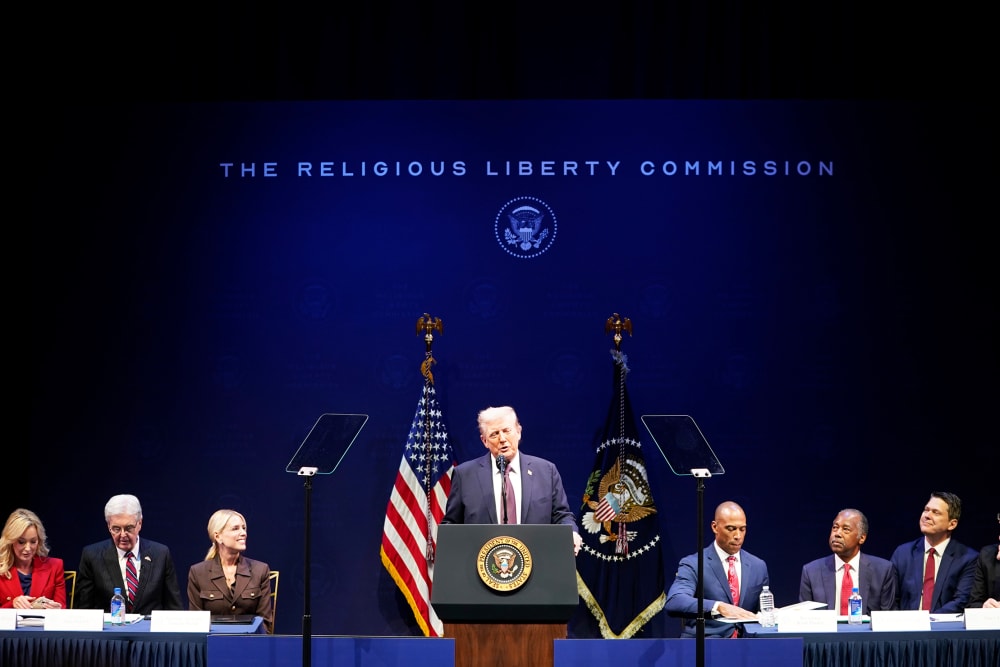 President Donald Trump speaks at a Religious Liberty Commission meeting on Sept. 8, 2025 in Washington, D.C.