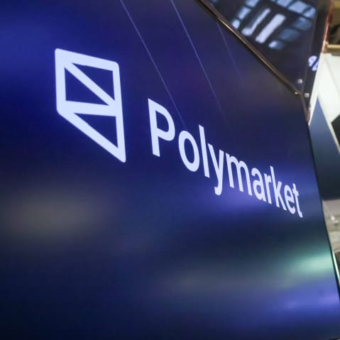 Polymarket signage is seen at the New York Stock Exchange.