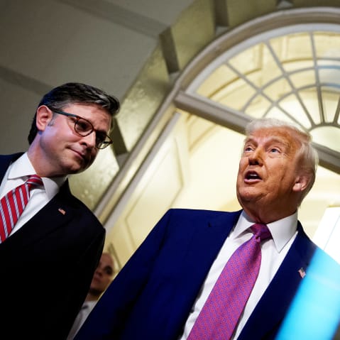 President Donald Trump and Speaker of the House Mike Johnson as he arrives for a House Republican meeting at the U.S. Capitol.