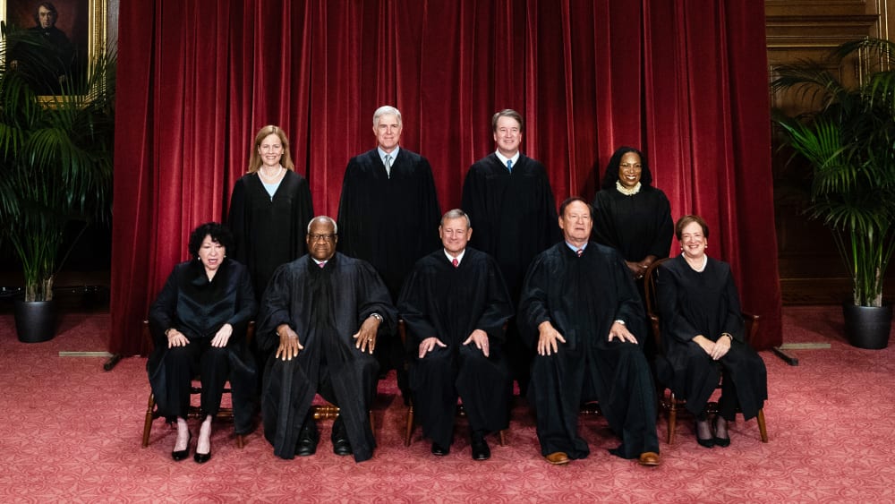Justices of the US Supreme Court during a formal group photograph on Oct. 7, 2022 at the Supreme Court in Washington, D.C. Seated from left: Associate Justice Sonia Sotomayor, Associate Justice Clarence Thomas, Chief Justice John Roberts, Associate Justice Samuel Alito Jr. and Associate Justice Elena Kagan. Standing from left: Associate Justice Amy Coney Barrett, Associate Justice Neil Gorsuch, Associate Justice Brett Kavanaugh and Associate Justice Ketanji Brown Jackson.