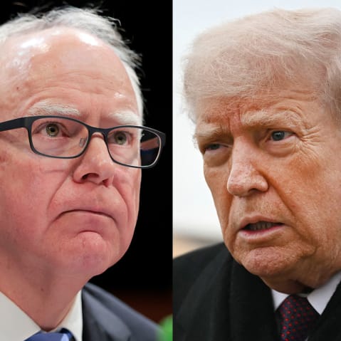 This is a split image of Tim Waltz at left and Donald Trump at right.