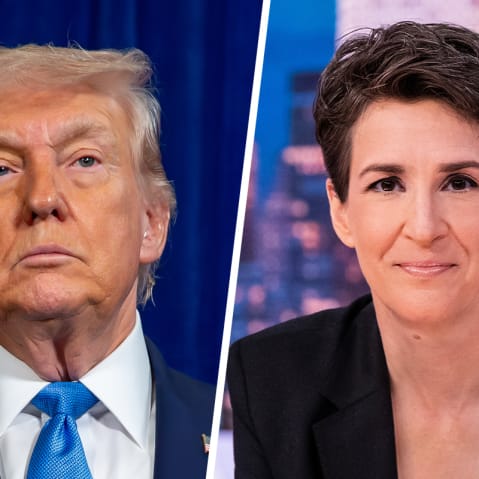 This is a split image with President Donald Trump on the left and MS NOW&rsquo;s Rachel Maddow on the right.