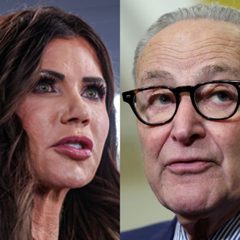 A split image shows Kristi Noem on the left and Chuck Schumer on the right.