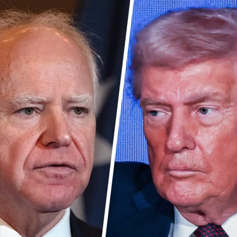 This is a split images of Tim Walz on the left and Donald Trump on the right.