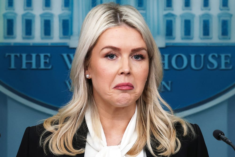 White House Press Secretary Karoline Leavitt reacts during a news briefing in the James S. Brady Press Briefing Room.