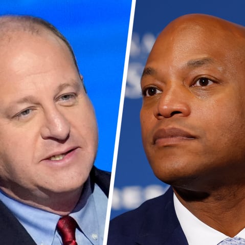 This is a split image of Jared Polis on the left and Wes Moore on the right.