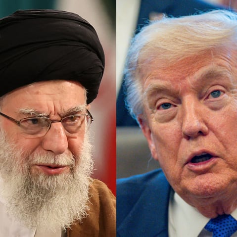 This split image shows Khamenei at left and Trump at right.