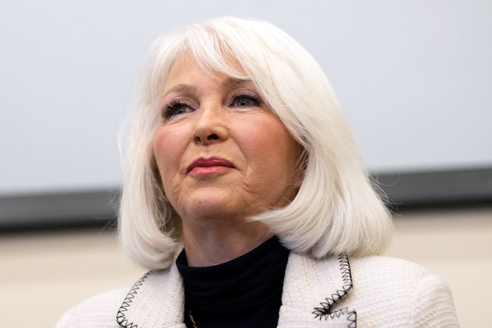 Tina Peters speaks during a debate for the state leadership position.