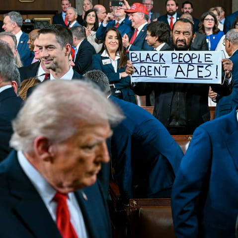 Al Green holds a sign that says "Black People Aren't Apes!" In the foreground, President Trump is visible but out of focus.