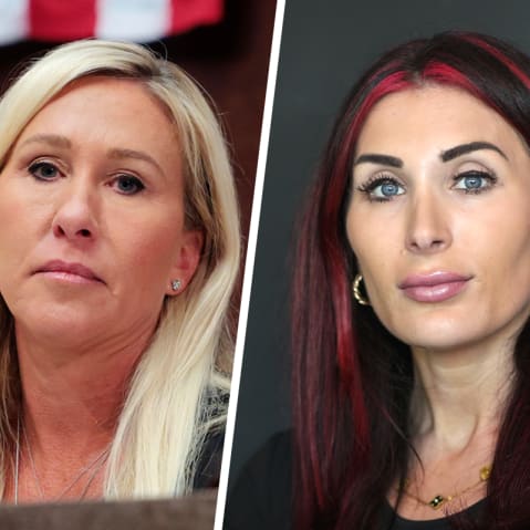 This split images shows Marjorie Taylor Greene on the left and Laura Loomer on the right.