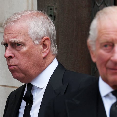 Britain's Prince Andrew, Duke of York (L) and Britain's King Charles III on Sept.16, 2025 at Westminster Cathedral in London.