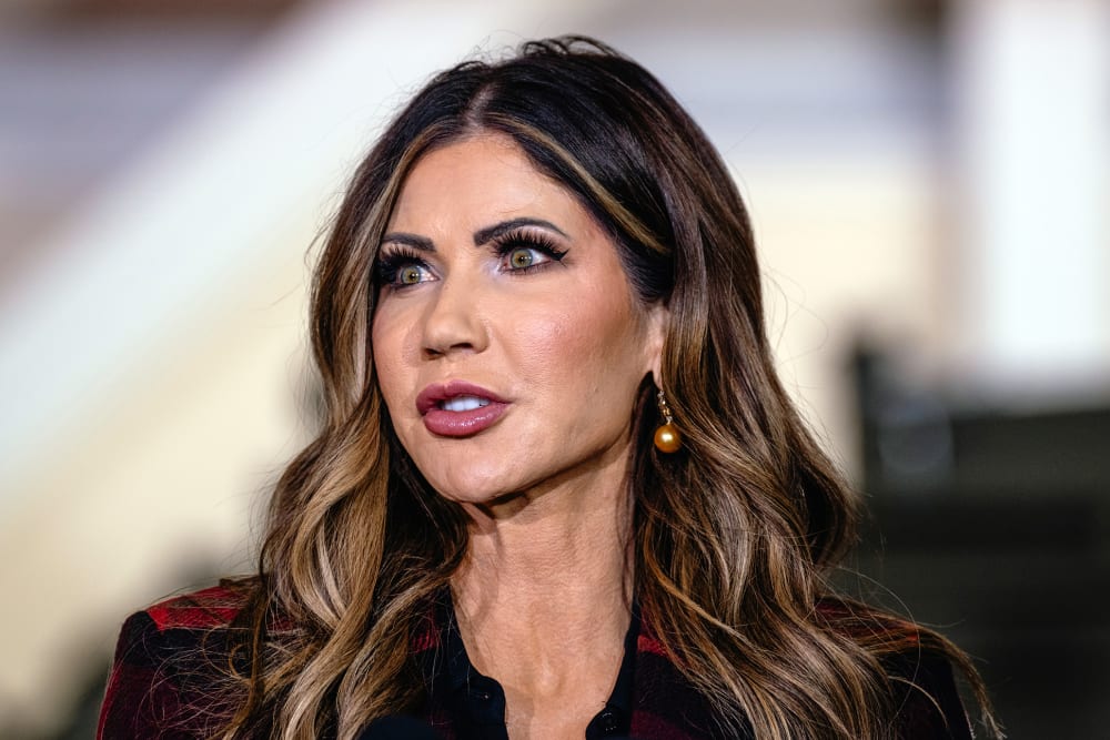 Secretary of Homeland Security Kristi Noem speaks during a press conference.