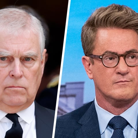 This split images shows former Prince Andrew at left and MS NOW's Scarborough at right..