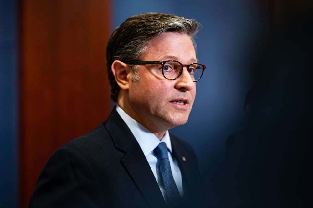 US House Speaker Mike Johnson speaks to members of the media at the US Capitol.