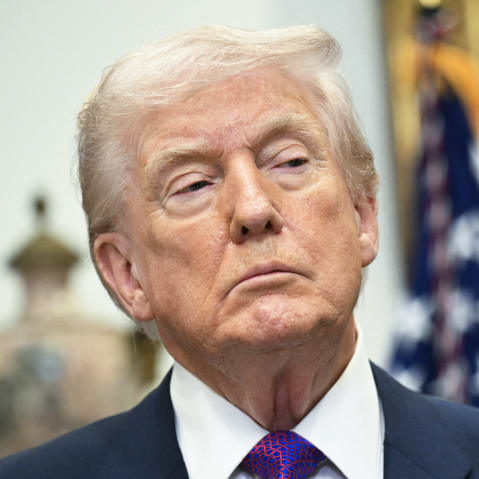 President Donald Trump looks on in the Roosevelt Room of the White House.