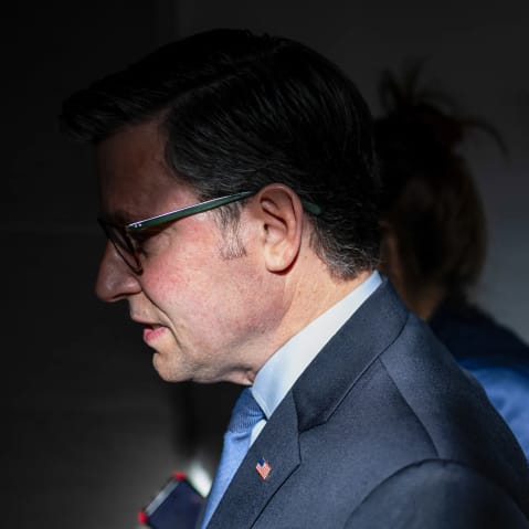 Mike Johnson seen at profile, his face partially obscured in shadow.