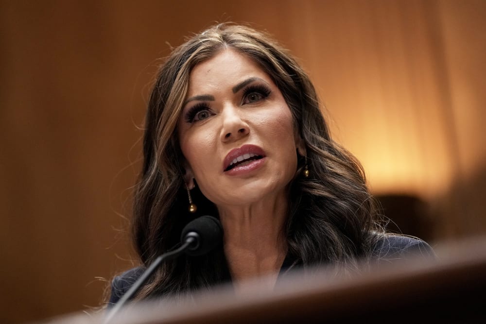 Kristi Noem speaks during her confirmation hearing before the Homeland Security and Governmental Affairs Committee on Jan. 17, 2025 on Capitol Hill.