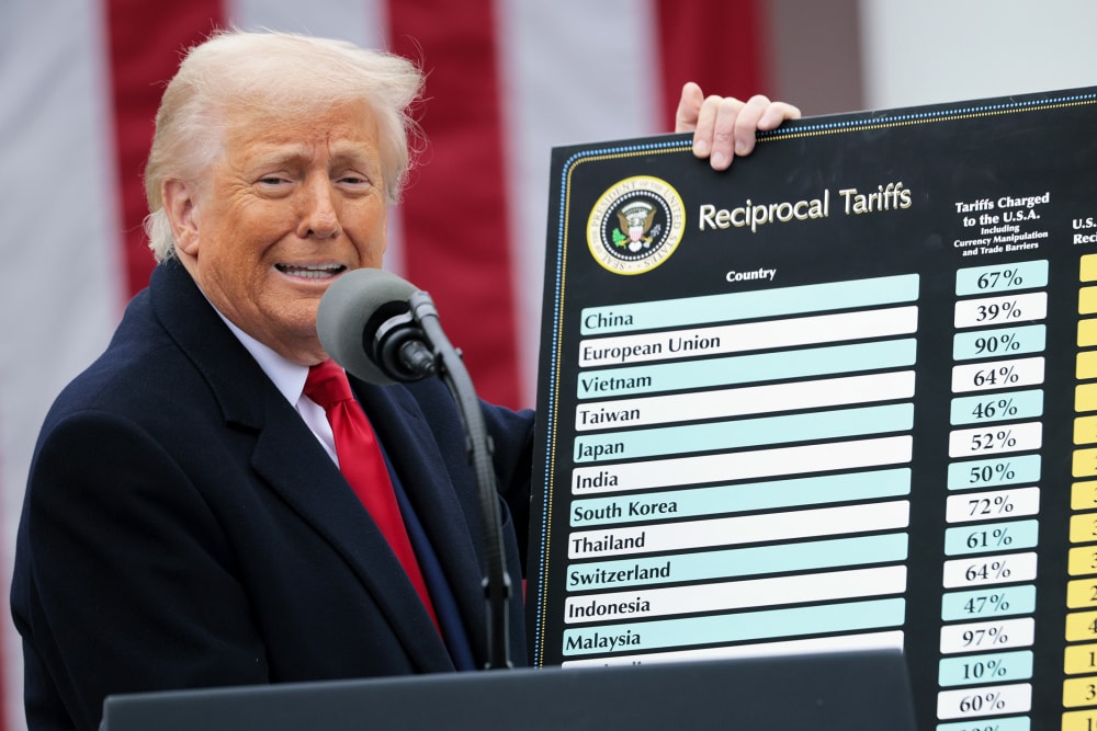 President Donald Trump holds up a chart of "reciprocal tariffs" while speaking during a “Make America Wealthy Again” trade announcement event.