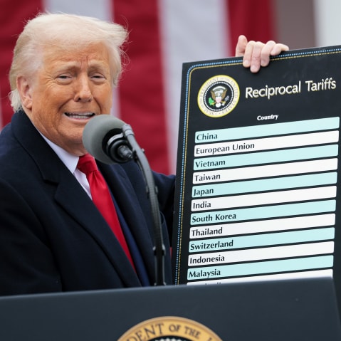 President Donald Trump holds up a chart of "reciprocal tariffs" while speaking during a “Make America Wealthy Again” trade announcement event.