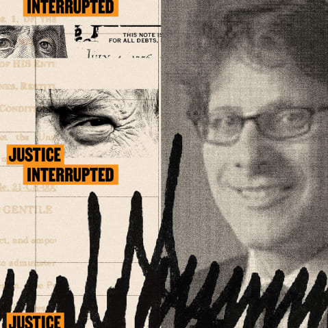 Photoillustration of David Gentile, collaged with photos of Donald Trump, Donald Trump’s signature and clippings of $100 bills.