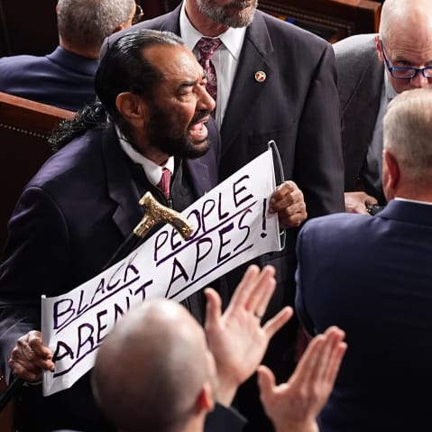 Al Greene holds a sign as he yells at a man during SOTU.