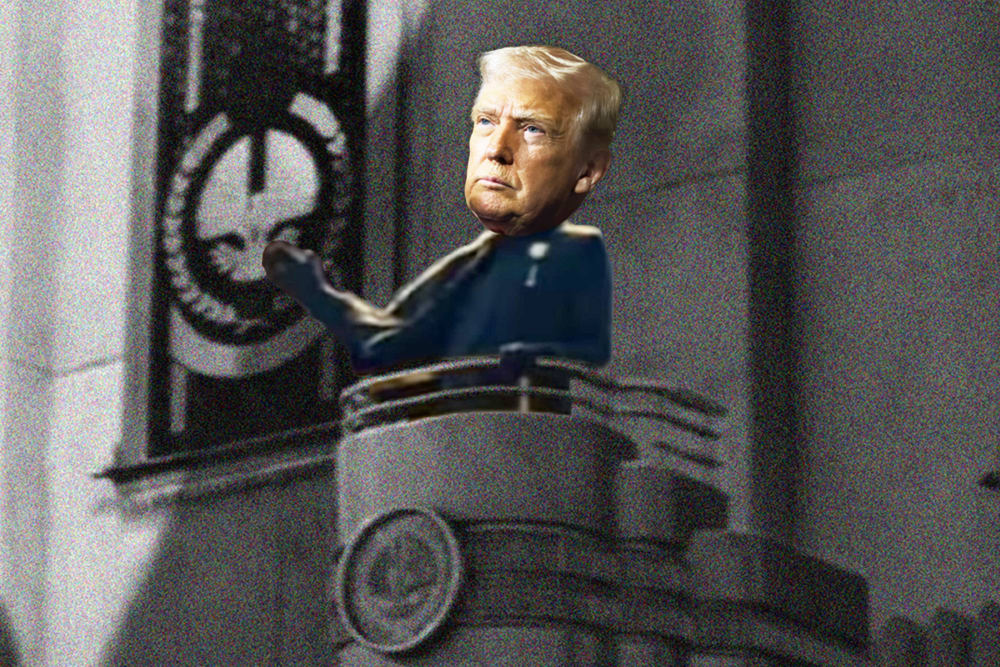 Donald Trumps face on the body of The Hunger Games' President Snow.