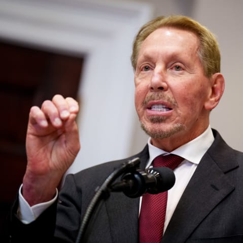 Oracle co-founder Larry Ellison speaks during a news conference in the White House on Jan. 21, 2025.