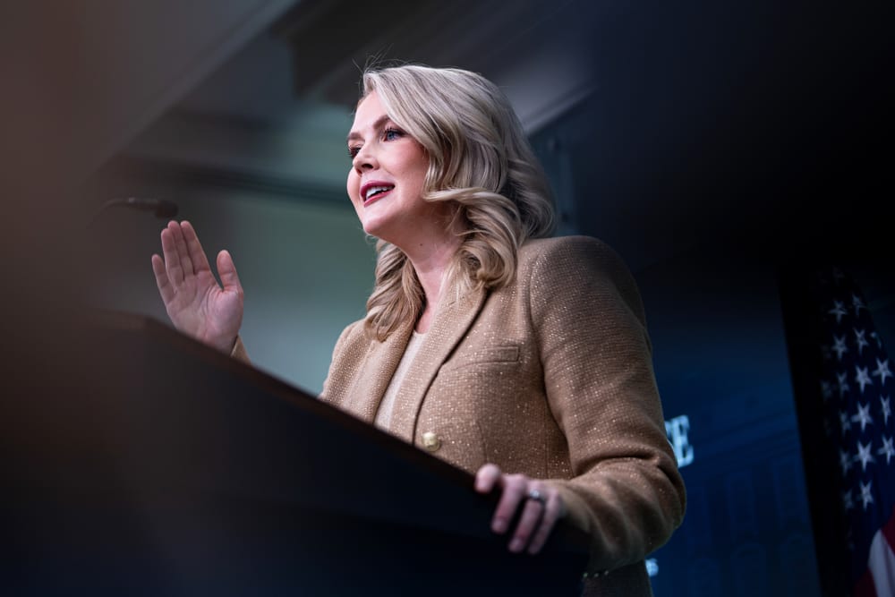 White House press secretary Karoline Leavitt during a news conference in the James S. Brady Press Briefing Room of the White House.