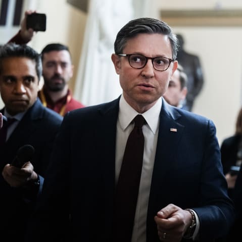 Speaker of the House Mike Johnson, R-La., talks with reporters in the U.S. Capitol during the last votes of the year.