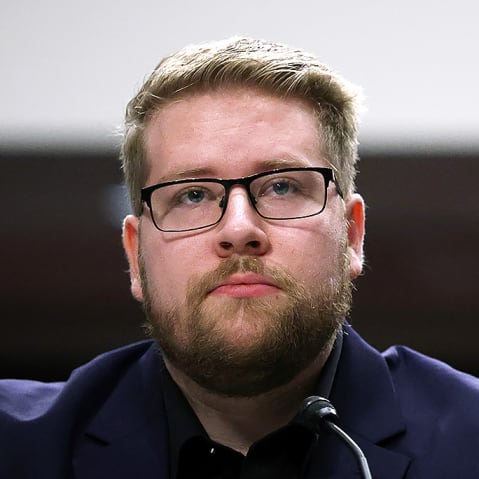 Luke Ganger and Brent Ganger prepare to speak during a public forum on violent use of force by Department of Homeland Security (DHS) agents at the Dirksen Senate Office Building on Capitol Hill.