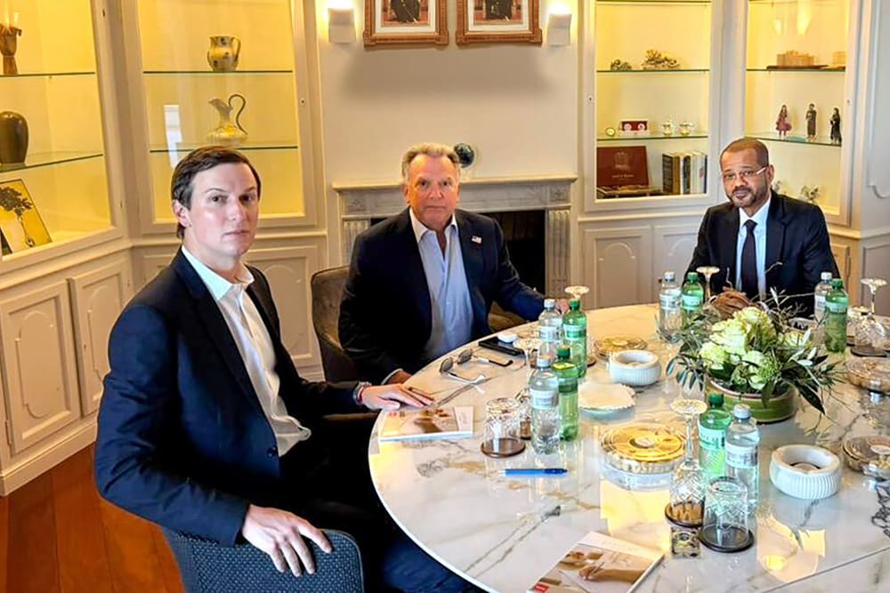 Jared Kushner, Steve Witkoff and Badr bin Hamad Al Busaidi sit around the table during U.S.- Iran negotiations.