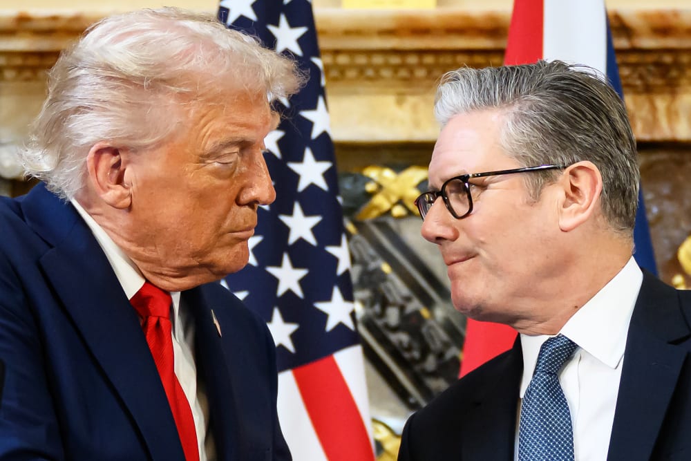 President Donald Trump and UK Prime Minister Keir Starmer during a press conference in Aylesbury, England.
