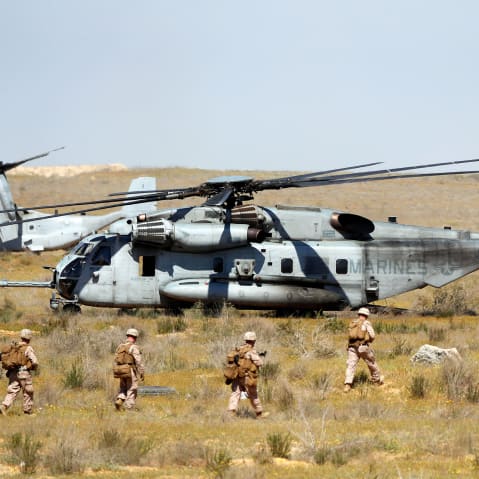 US soldiers of the United Stade Marine Corps (USMC) of Battalion Landing Team 2nd Battalion, 6th Marine Regiment (BLT 2/6), 26th Marine Expeditionary Unit during the joint Israeli-US military "Juniper Cobra" exercise at the Tze'elim urban warfare training centre.