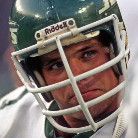 In a close-up shot, Joe Klecko's face is seen through his helmet.
