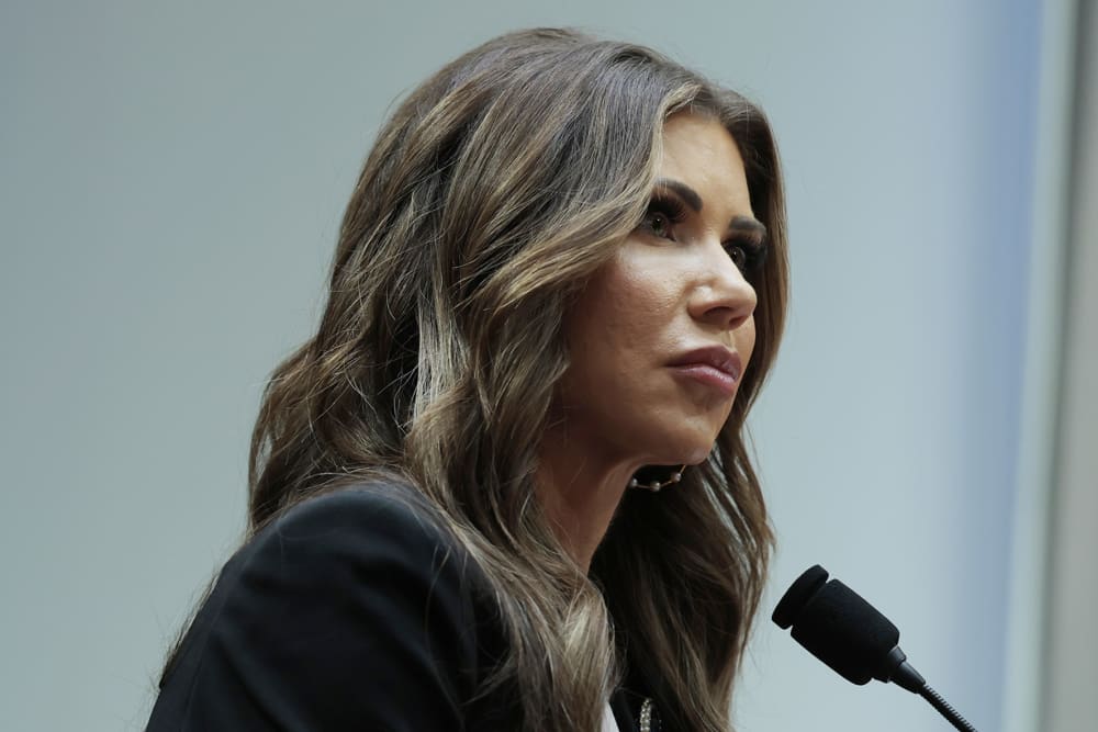 Homeland Security Secretary Kristi Noem speaks during a hearing with the Senate.