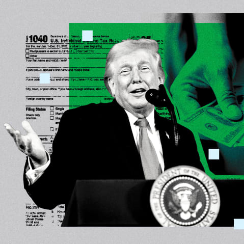 Photoillustration of Trump speaking with a collage of a person holding dollar bills, along with an IRS tax form.