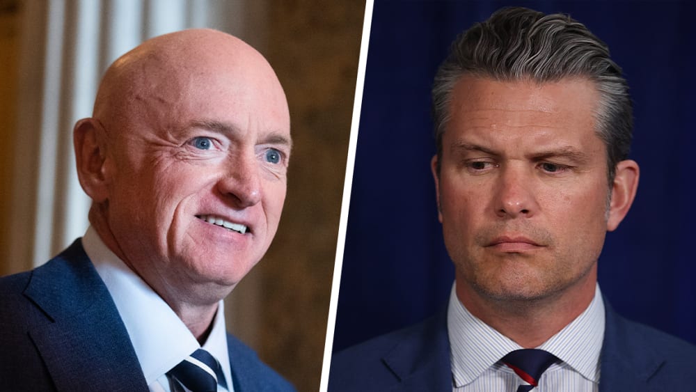Mark Kelly smiling; Pete Hegseth looking down.