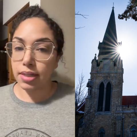 A screengrab of Georgia Fort from a video she posted on Facebook; the sun peeking out from behind the spire of Cities Church.