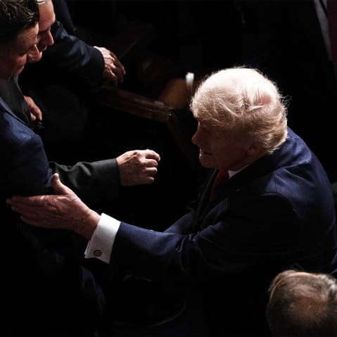 President Donald Trump leaves the House Chamber after concluding his State of the Union address at the US Capitol.