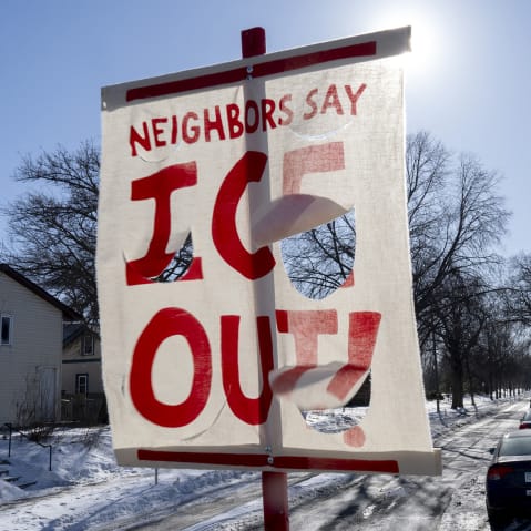 A banner to protest against US Immigration and Customs Enforcement (ICE) on Jan. 29, 2026 at the entrance of a neighborhood in Minneapolis.