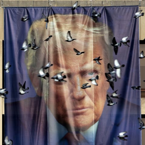 Birds fly past a giant banner with the image of President Donald Trump on Jan. 05, 2026 hanging on the outside of the U.S. Department of Labor.